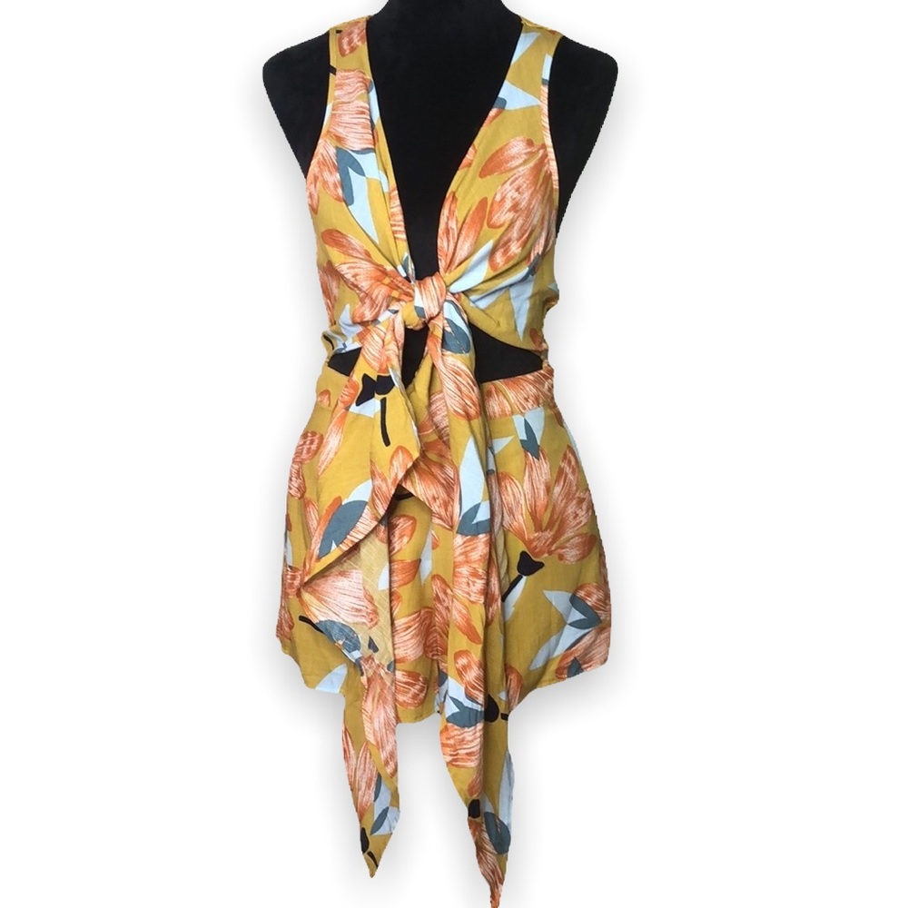 Love + Harmony Romper Front Tie Cut Out Crochet Back Mustard Floral Tropical